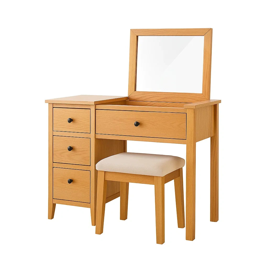 Schminktisch Set aus Eichenholz mit Spiegel und Hocker