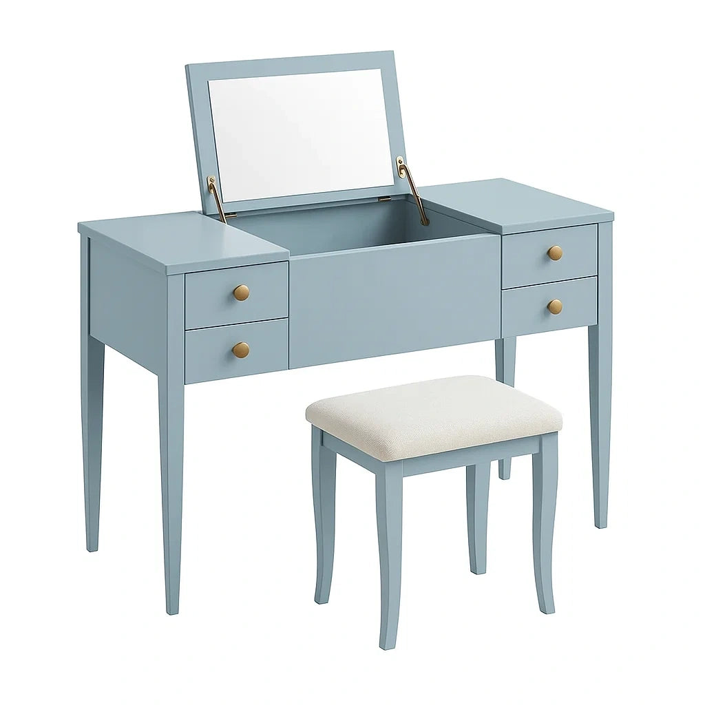 Blauer MDF-Schminktisch mit Spiegel und Hocker-Set
