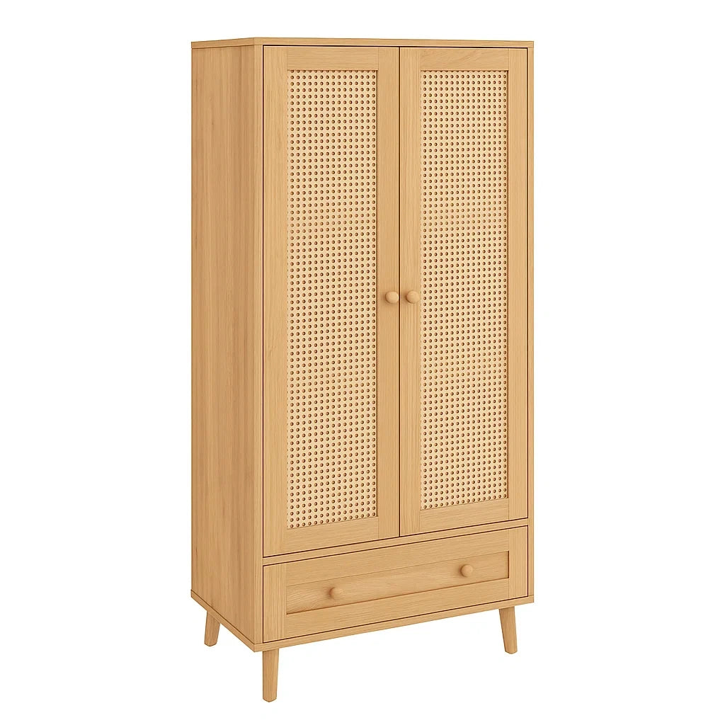 Kleiderschrank aus Kiefernholz und Rattangeflecht mit Schublade 180cm