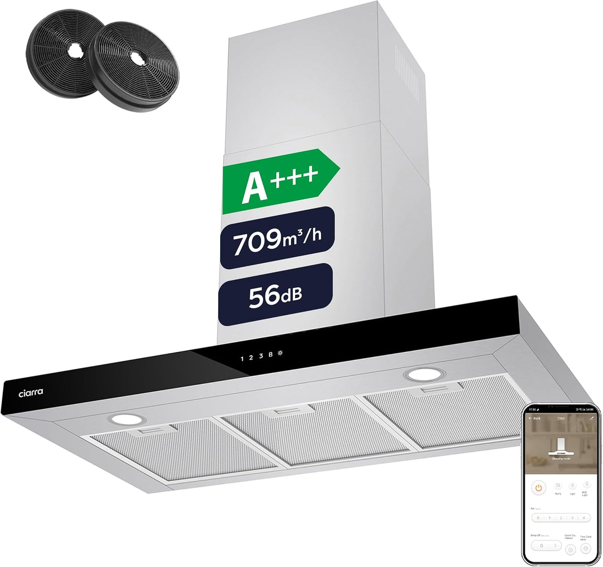 Okap kuchenny CIARRA, CBCS9102, 90 cm, 56 dB – Srebrny, aluminium, oświetlenie LED, Wi-Fi – CBCS9102 CBCF003, 709 m3 / h, klasa energetyczna A