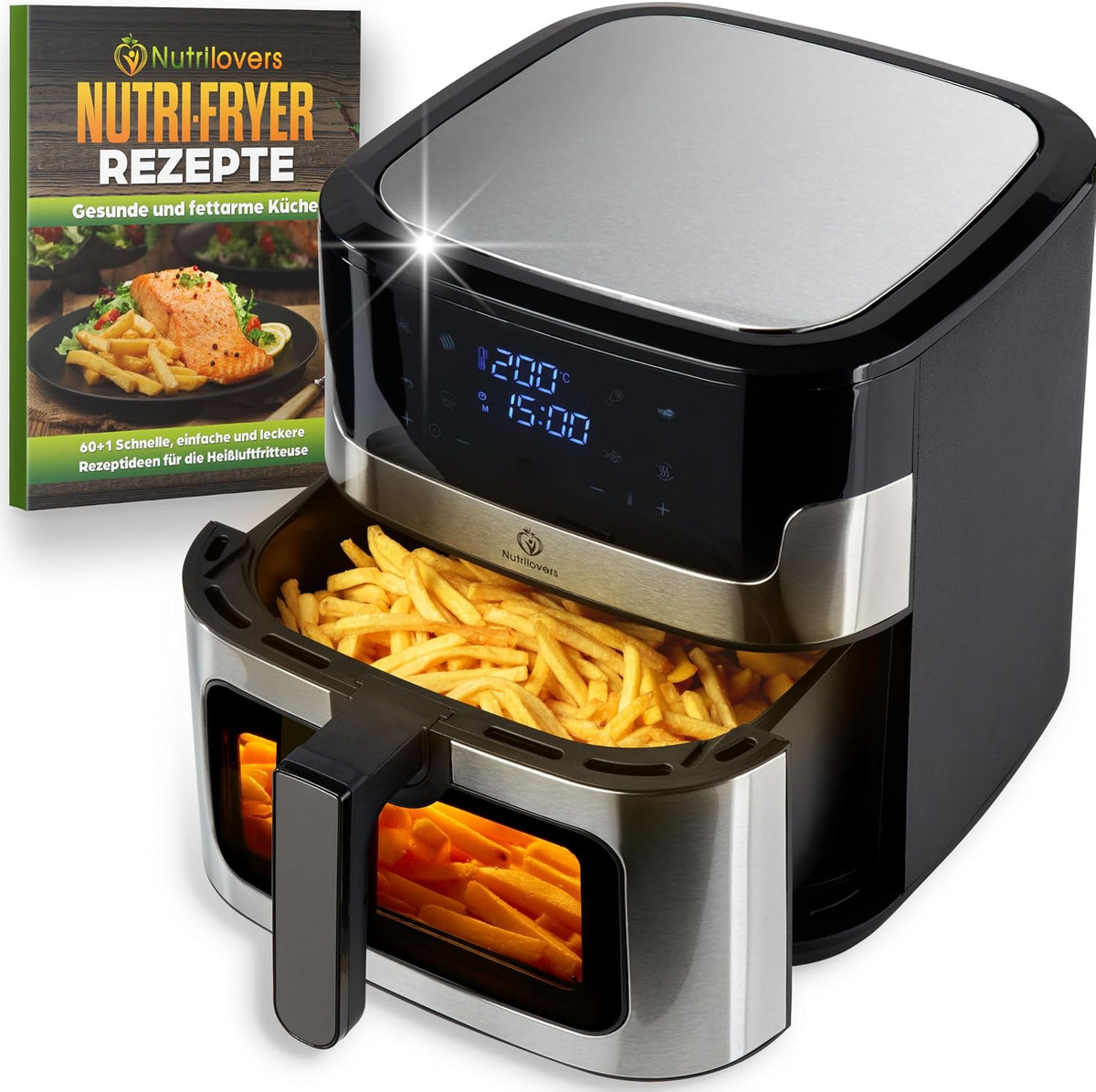 Frytkownica beztłuszczowa Nutrilovers, air fryer, 8 l, 2000 W – Czarny/Srebrny, stal nierdzewna, oświetlenie LED, timer – automatyczne wyłączanie
