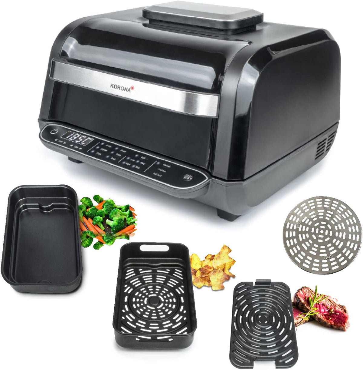 Korona Frytkownica, 6 l, Czarny / Srebrny, funkcja grilla – grill elektryczny, Elektryczny mini piekarnik do pizzy, 8 programów, grill