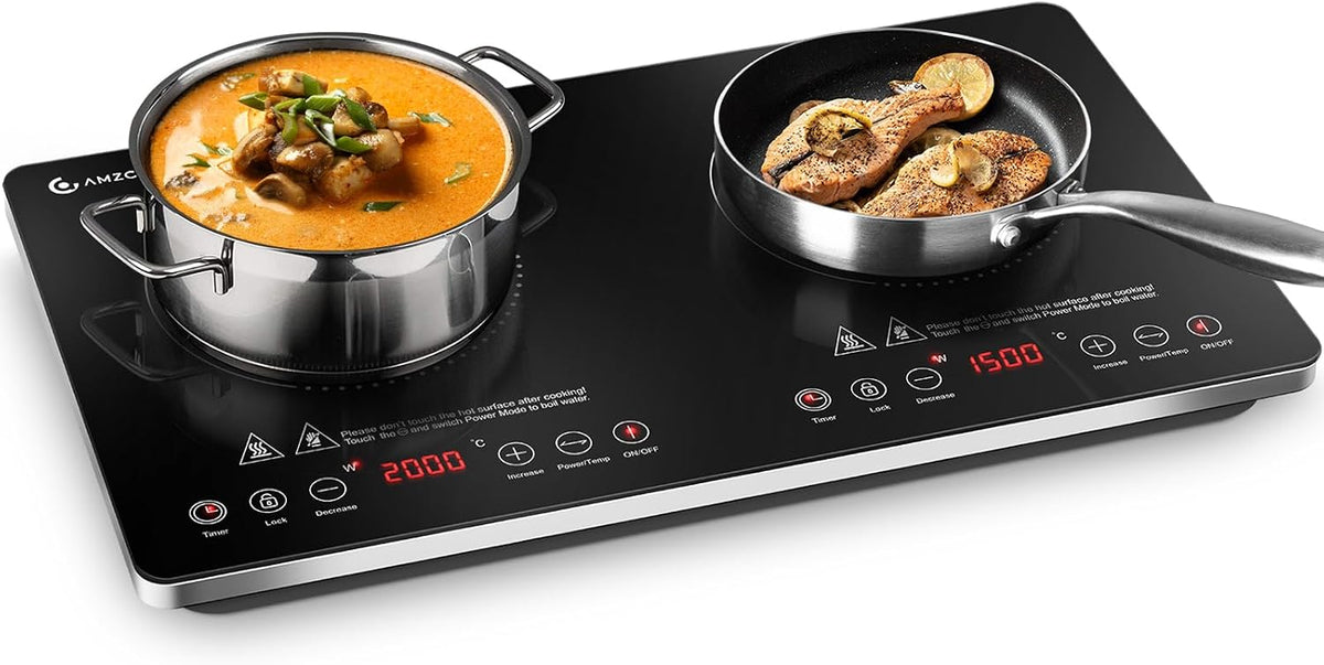 Płyta indukcyjna AMZCHEF, kuchenka indukcyjna, 3500 W – 24 cm, Czarny, automatyczne wyłączanie, kuchenka przenośna – 2 pola grzewcze