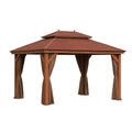 Holzpavillon mit Polyester-Vorhängen, Braun, 4 x 3 m