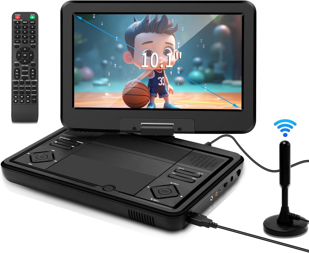 KCR Telewizor Smart TV, DVB-T2, Czarny – oświetlenie LED, USB, pilot zdalnego sterowania, Przenośny odtwarzacz DVD 10,1 cala