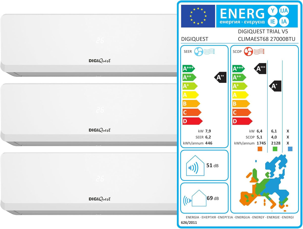 Klimatyzator DIGIQUEST, R-32 – 12 BTU, 270 x 700 x 198 mm, 6 W, Biały – Wi-Fi, pilot zdalnego sterowania, timer, automatyczne wyłączanie