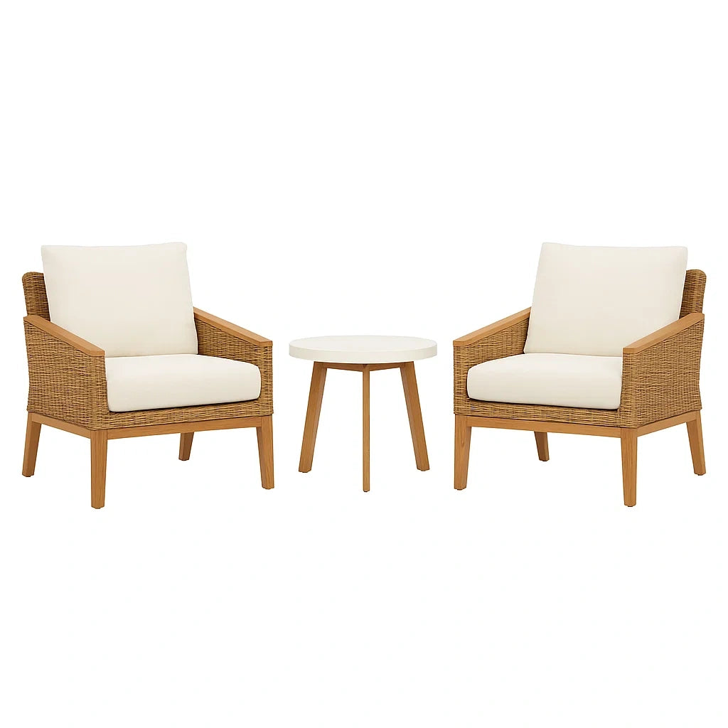3-teiliges Gartenmöbel-Set aus Holz und Polyrattan mit Polyesterkissen, Beige, Tisch Ø50 cm