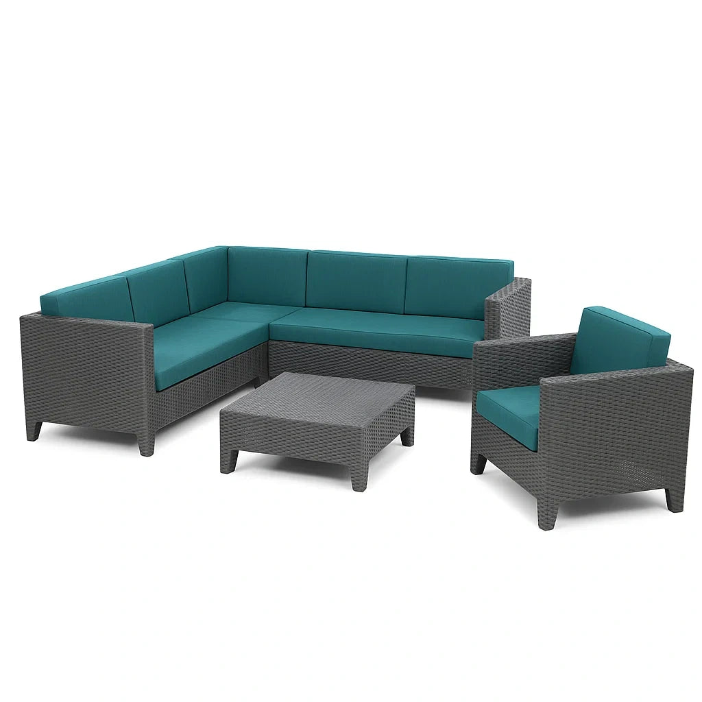 Gartenmöbel Set L-Form Sofa Sessel und Tisch Rattan Petrol/Anthrazit