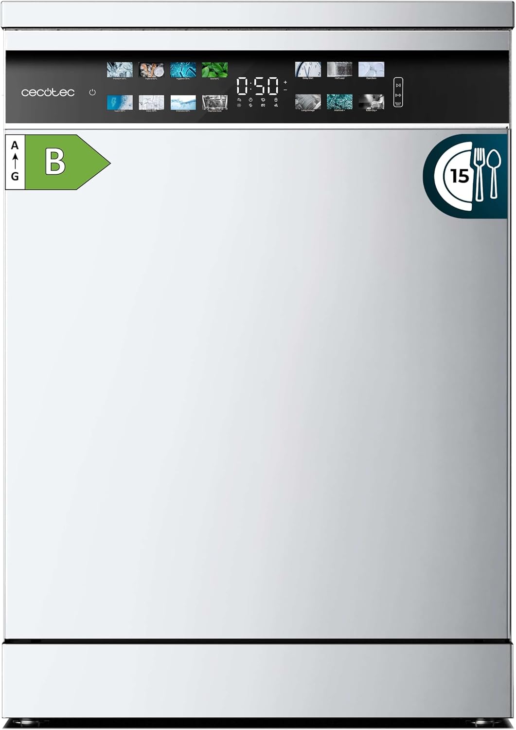 Cecotec Zmywarka, 60 cm, Biały, do zabudowy Bolero Aguazero 6700 B. 60 cm – 15 kryć, klasa B, silnik falownika Plus, kolorowy wyświetlacz