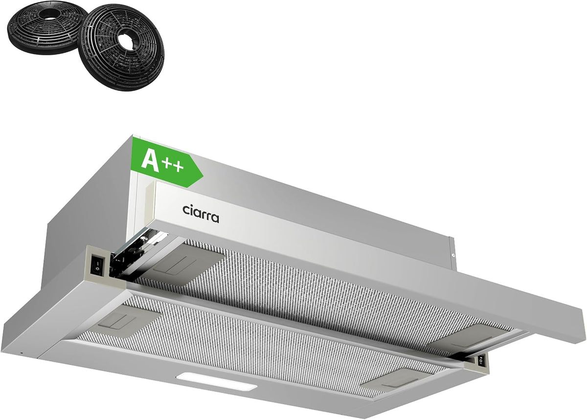 CIARRA Okap kuchenny – 60 cm, Srebrny, oświetlenie LED, Osłona ssąca CIRRA – 391m3 / h, klasa energetyczna A, ewakuacja i recykling