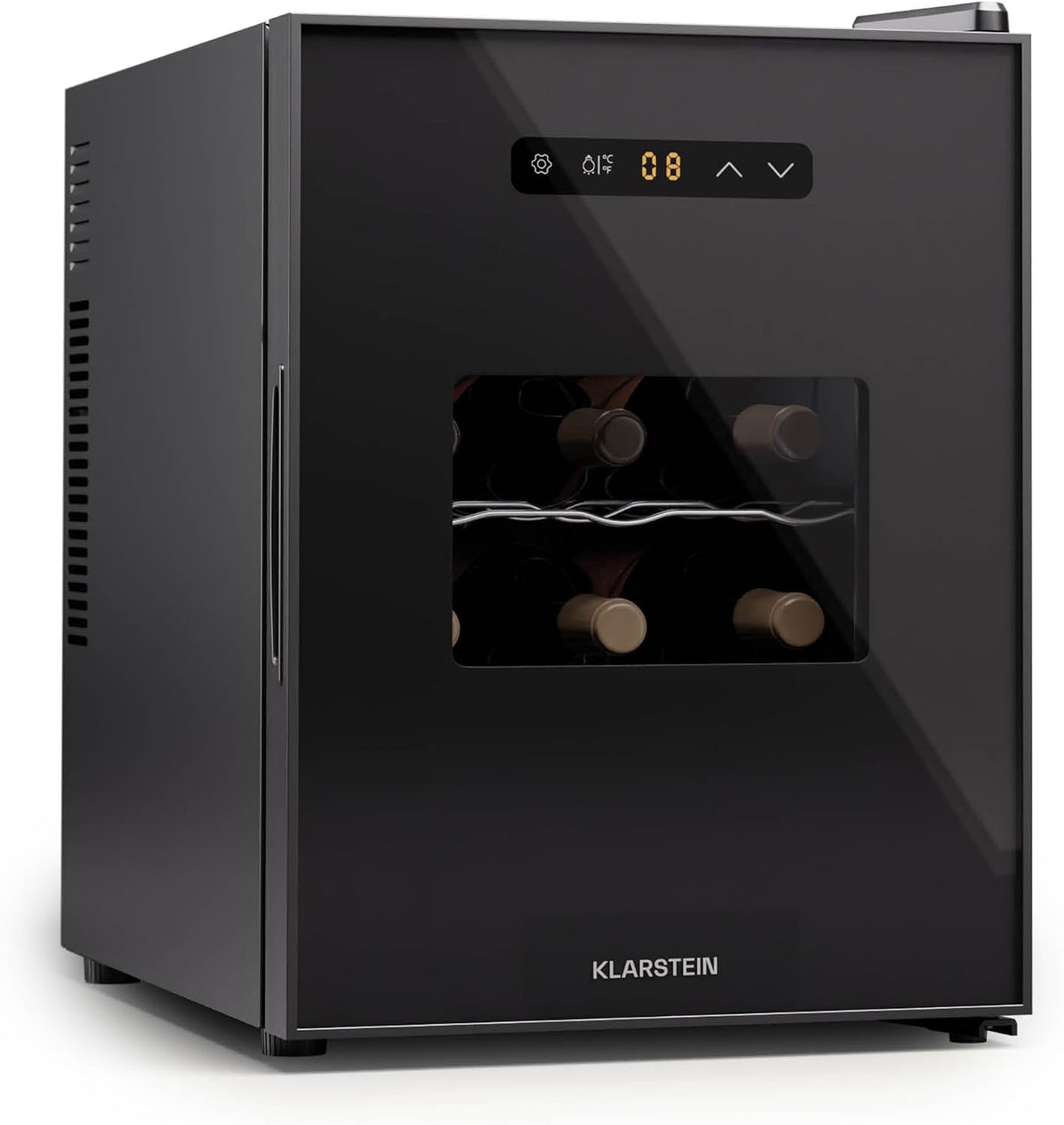 Klarstein Lodówka, 45 dB – Czarny, metal, Wolnostojąca na wino, 1 strefa – mała na napoje, mała szafka na wino, mała na wino ze szklanymi drzwiami