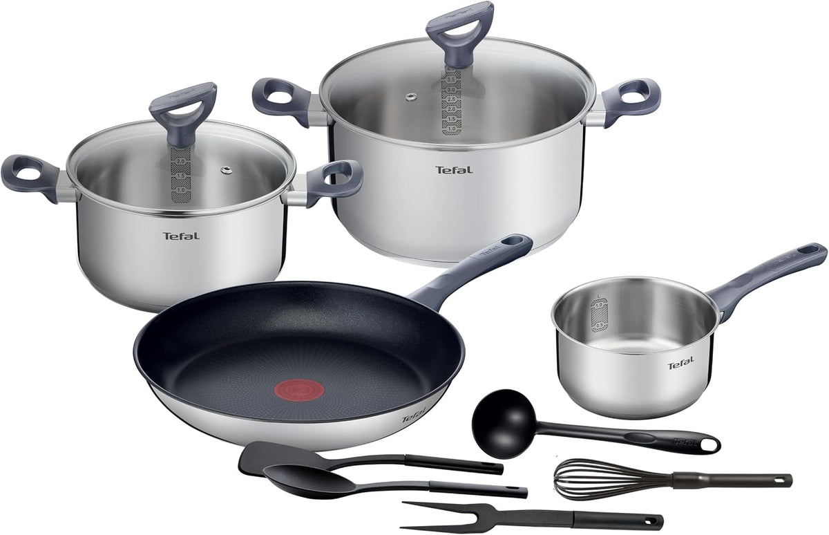 Tefal Zestaw garnków i patelni, 28 cm, Srebrny – stal nierdzewna, Bateria, bateria patelni i patelni, 11 sztuk – kuchnia Cook Daily Induction