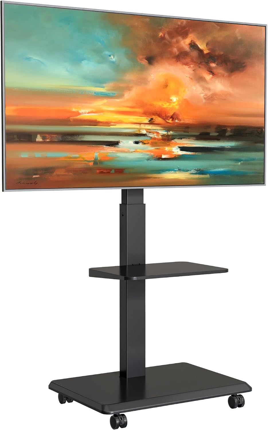 ECOTINY Uchwyt do telewizora, 600x400 mm – 50 kg, Srebrny, regulowana wysokość, oświetlenie LED – Szafa TV, 75 cali, koła ruchome