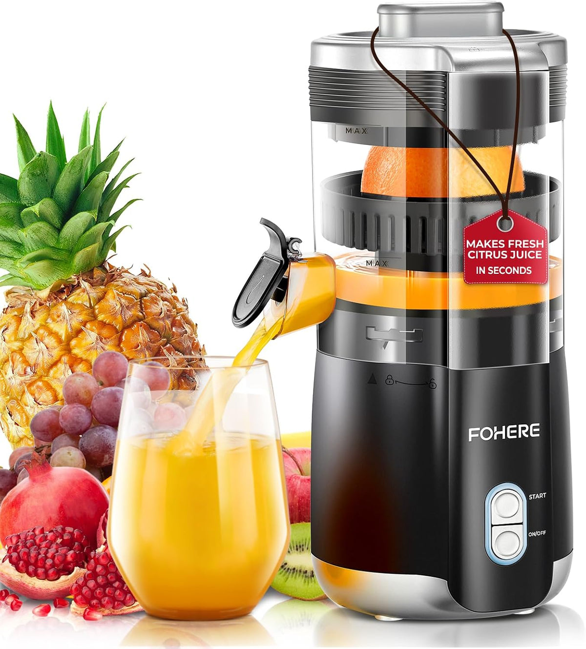 Wyciskarka do cytrusów FOHERE – 100 W, Czarny, Prasa, Silnik – Cichy, do świeżego soku owocowego, FOTUR