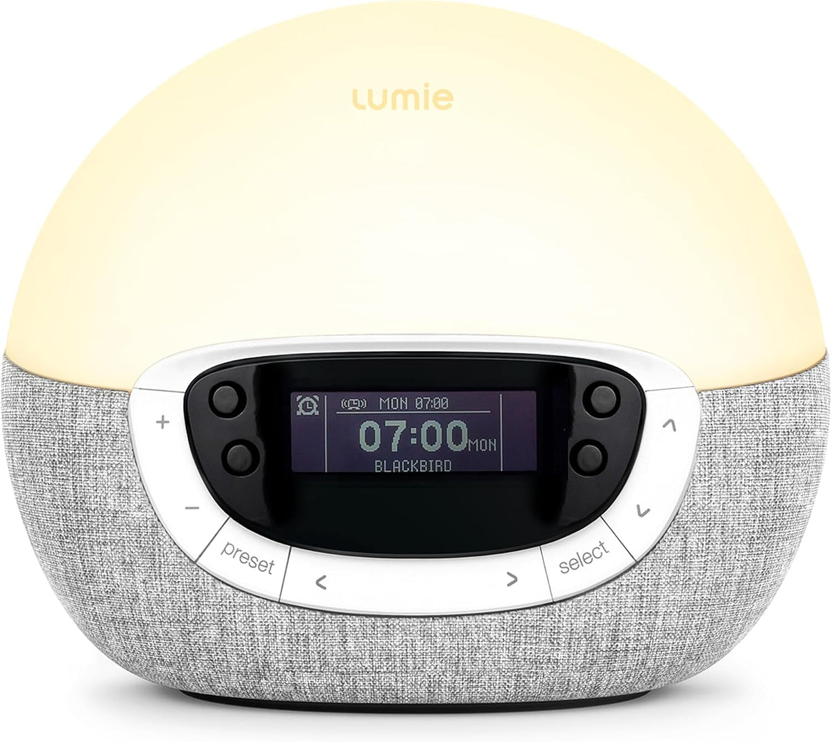 Lumie Budziki świetlne, Żółty/Szary, oświetlenie LED – Bodyclock Shine 300, budzik świetlny z radiem, 15 dźwięków i zachód słońca