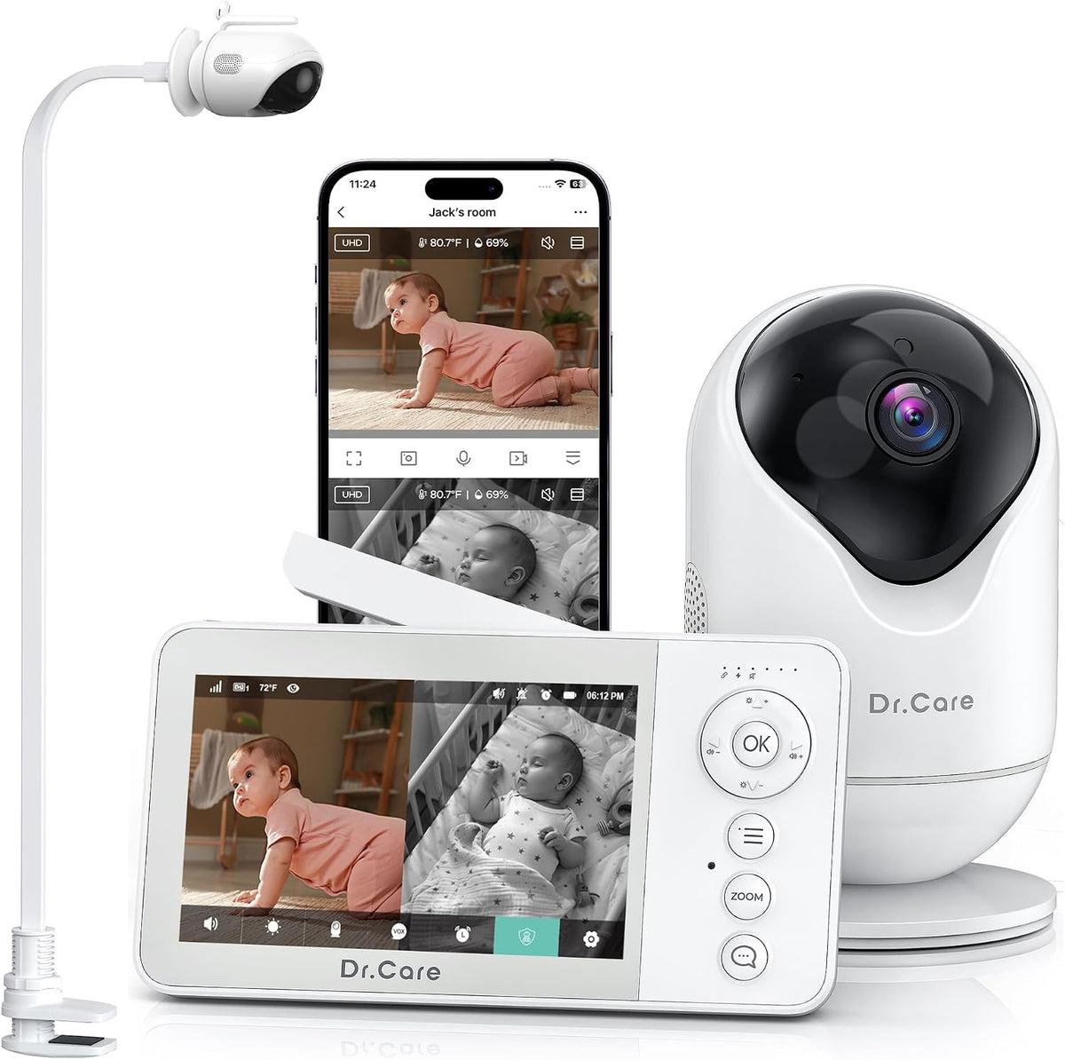 Monitory wideo Dr.Care, Czarny, Wi-Fi – 1080p Babyphone, Wsparcie, Monitor wideo dla dzieci