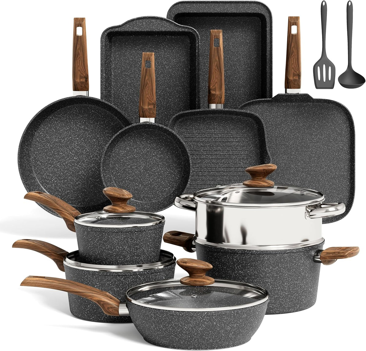 Zestaw garnków i patelni Kitchen Academy, Czarny, aluminium, naczynia kuchenne – Akademia Kuchnia 17 Części Bateria kuchenna