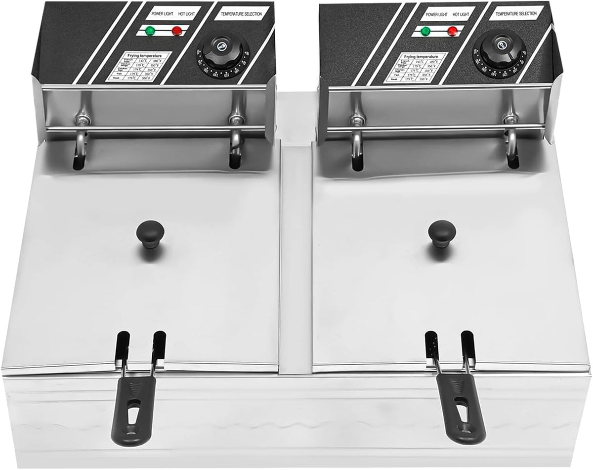 banborba Frytkownica – 6 l, 220 V, 2,5 kW, Srebrny – podwójny zbiornik, kosze bezpieczeństwa i termostat, 2 x 6 l