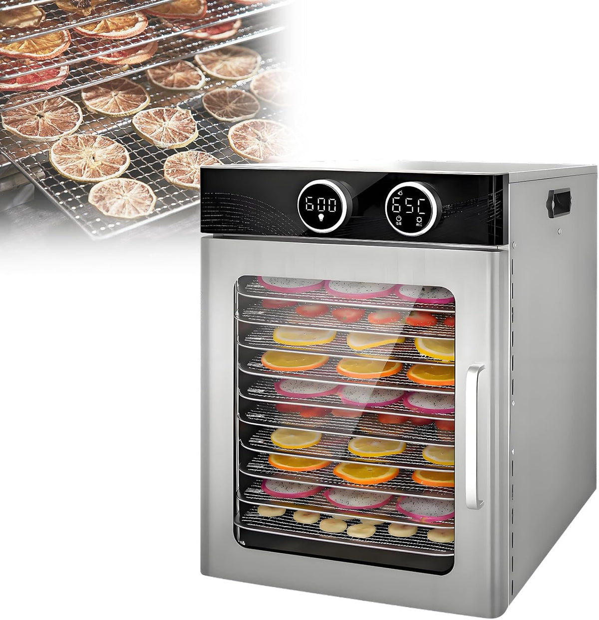Suszarka do żywności AETEREOS, W/1200, 90 W – 30 x 28 cm, 11 kg, Srebrny, stal nierdzewna – automatyczne wyłączanie