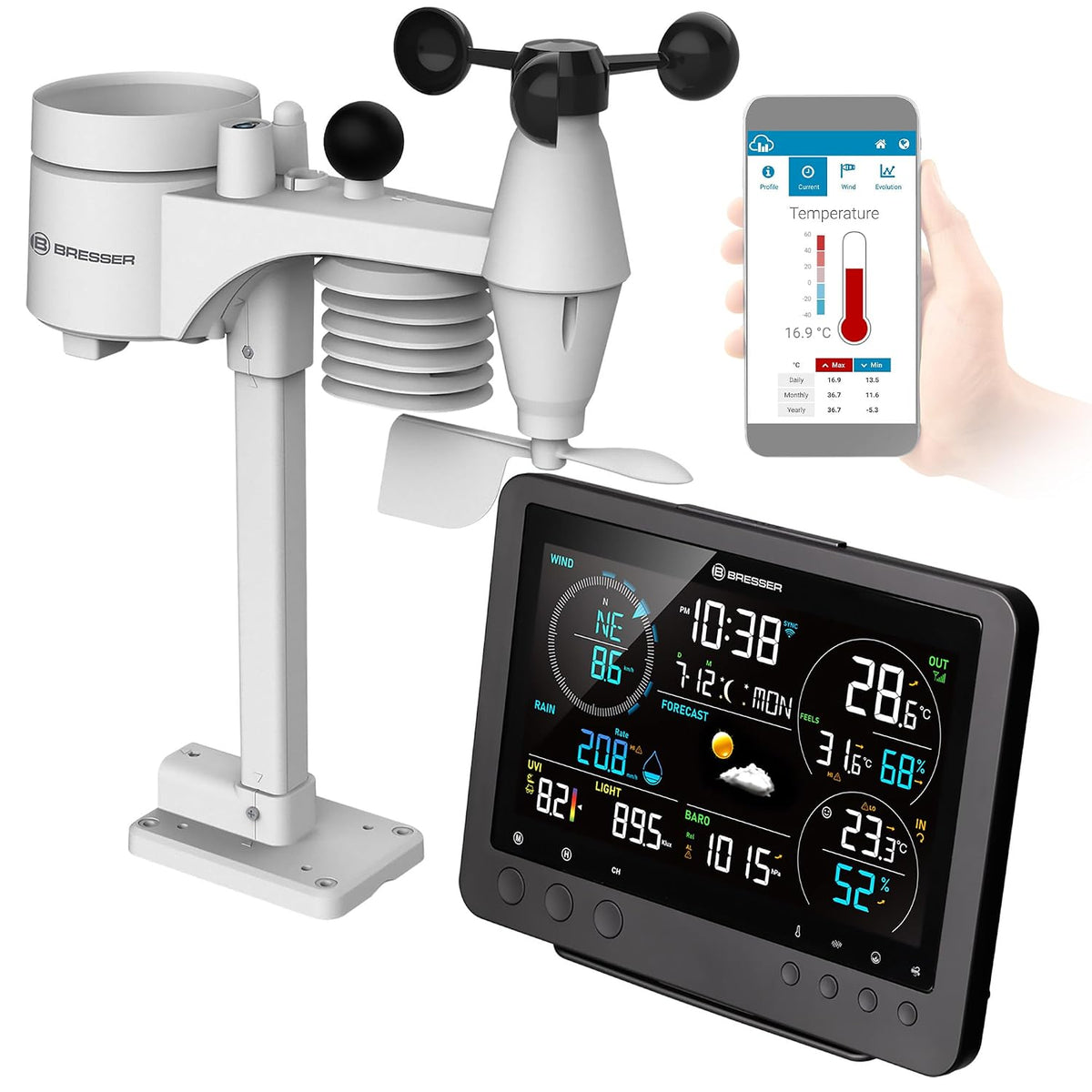 Stacje meteorologiczne i barometry BRESSER, 8 W, 18,8 cm – Czarny, Wi-Fi, praca bezprzewodowa, 8- in-1 Station – Bise Station, czujnik