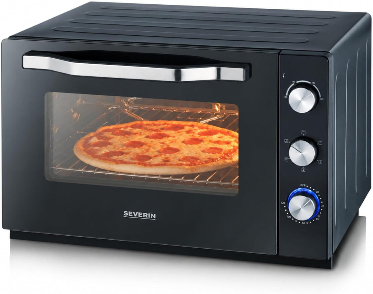 Piece pieczone Severin, 60 l, 200 W, 42 x 37,5 cm – Czarny / Srebrny, Piekarnik do pizzy elektryczny, 2 200 W