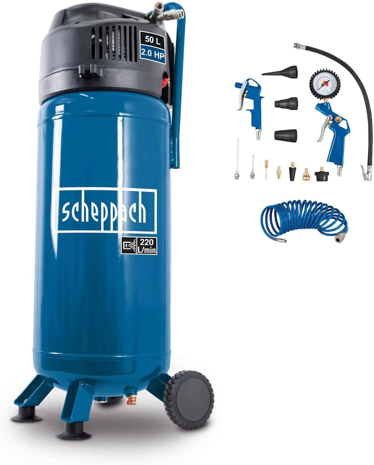 Sprężarki powietrza Scheppach – HC51, 50 l, 1500 W, 10 bar – Czarny, Akcesoria do urządzeń HC51 V, 220 l / min ssania, Silnik 1500 W – 8 m rury
