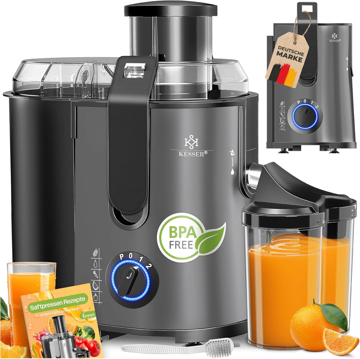 Wyciskarka wolnoobrotowa KESSER – 1100 W, 2 litry, 85 mm, Srebrny – stal nierdzewna, sokowirówka, Wyciąg z soku, 3 poziomów