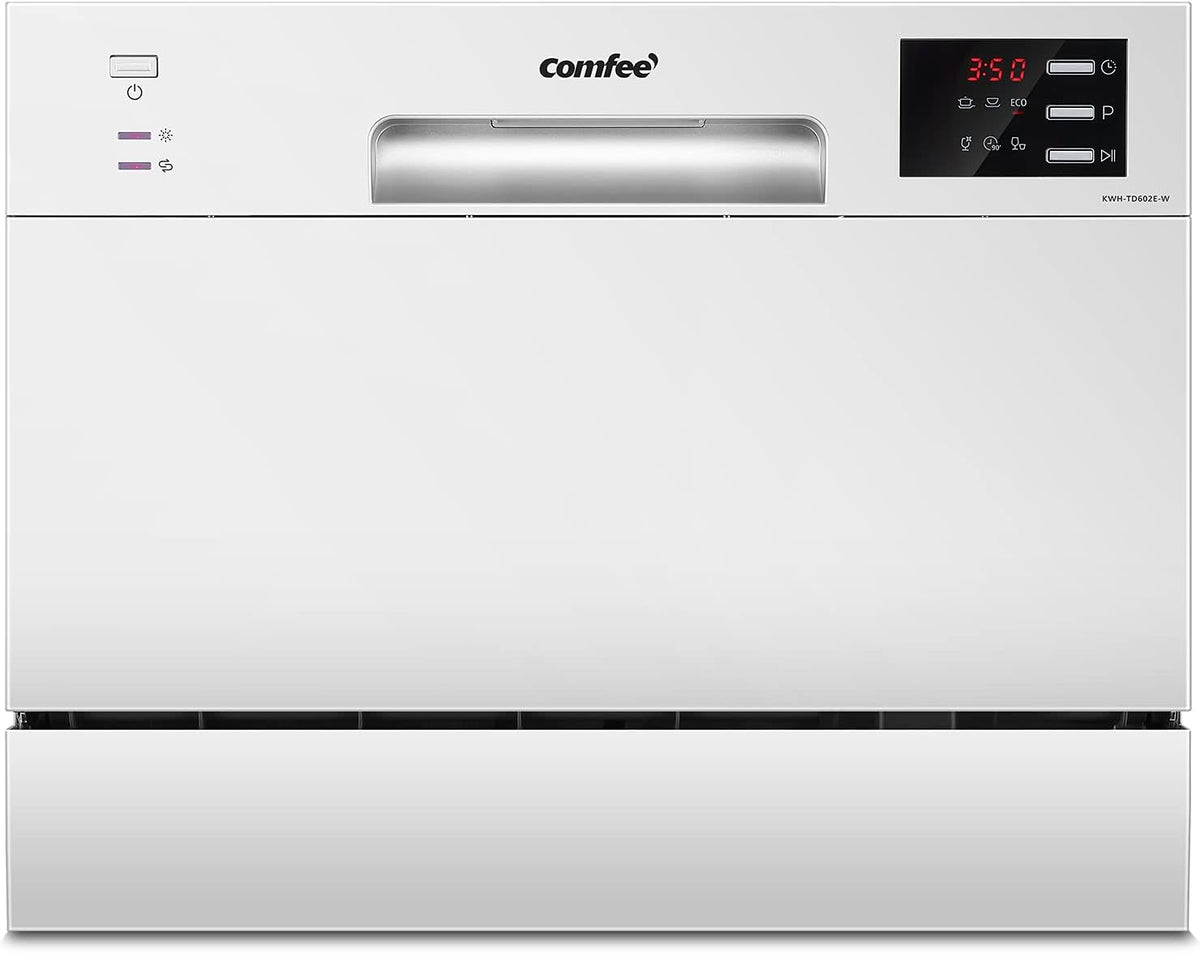 Zmywarka COMFEE', TD602E-W, 250 mm – Biały, oświetlenie LED, COMFEè Kompaktowa stołowa TD602E-W Mini z 6 kocami, 6 programami – wyświetlaczem LED