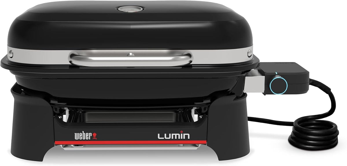 Weber Grill – 43 X 32 cm, Czarny, Lumin Compact Przenośny Kompaktowy Elektryczny, do 315 °C – z Termometrem w Pokrywie, Ruszty z Emaliowanego Żeliwa
