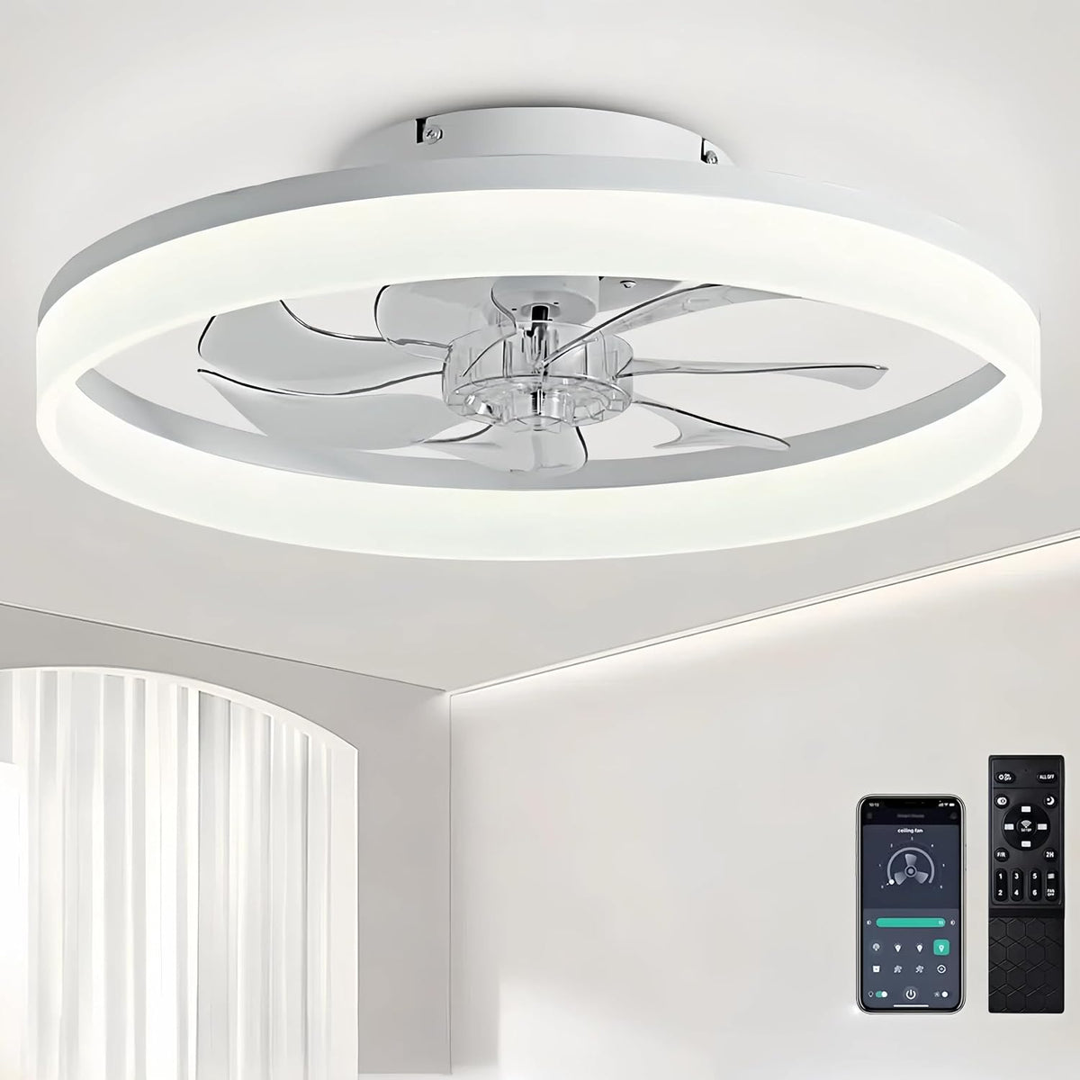 Wentylator sufitowy DWDVBL, 50 cm – Biały, oświetlenie LED, pilot zdalnego sterowania, Wentylator – dekoracja pokoju dziennego, tłumik
