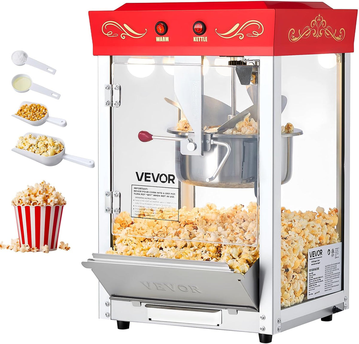 VEVOR Maszyny do popcornu, 800 W, Czerwony/Srebrny – Maszyna do popcornu z czajnikiem ze stali nierdzewnej, komercyjna maszyna do popcornu