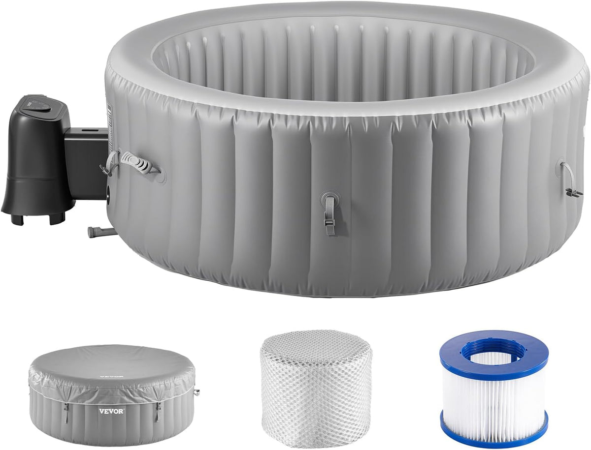 VEVOR Wanny z hydromasażem, 180 x 66 cm, 800 l, Szary – Okrągła nadmuchiwana wanna, dla 2 do 4 osób, z 110 dyszami, filtrem – pokrywą