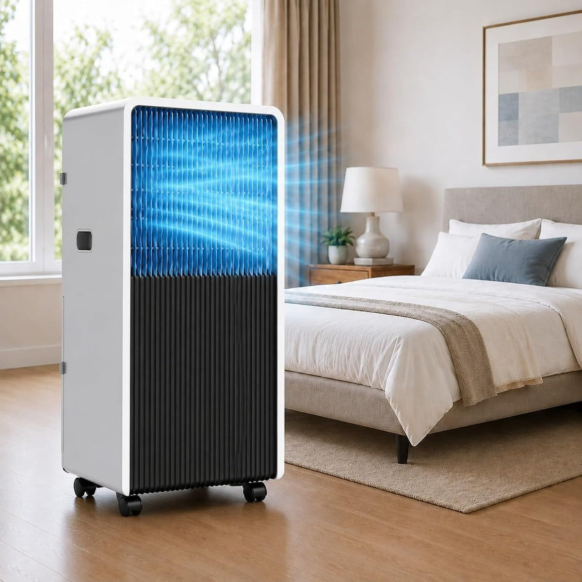 Klimatyzator przenośny ZYANBIN – klimatyzator mobilny, 3200 W, 70 x 28,5 x 33,5 cm, Biały – Klimatyzator BTU 3200 W, koła jezdne, tłumik