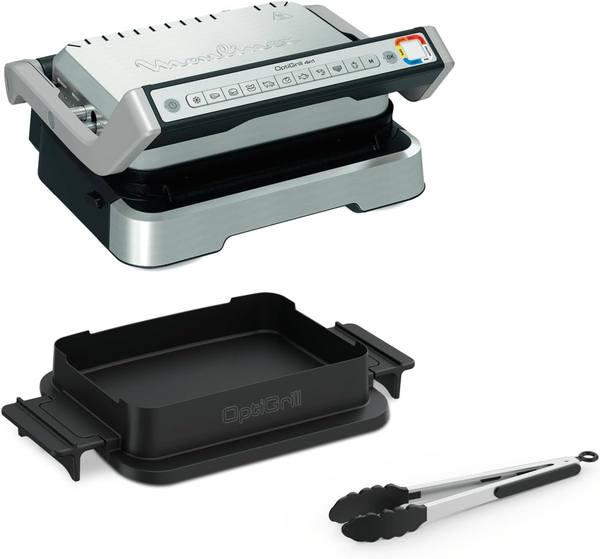 Grill Moulinex – GI776D, 4 W, Srebrny/Czarny, Opti 4 w 1 + szczypce – i piekarnik w jednym urządzeniu, do pełnego posiłku