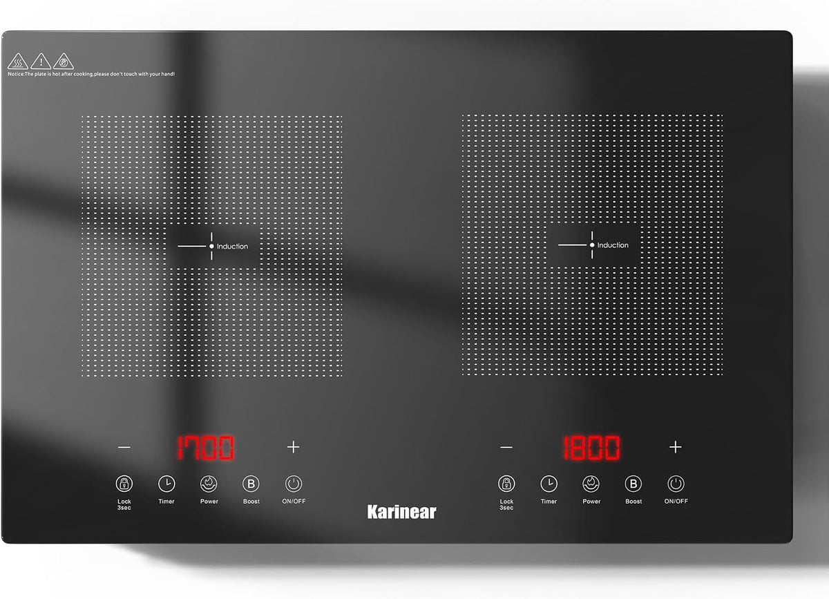 Karinear Płyta indukcyjna, kuchenka indukcyjna, 3500 W – 220 V, 18 cm, Czarny, płyta grzewcza – 2 pola grzewcze, Boost, dotyk
