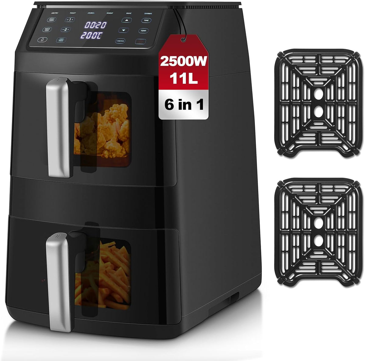 TopStrong Frytkownica beztłuszczowa, air fryer, 11 l – 2500 W, Czarny, 2 szuflad, 6 programów – 40 do 220°C