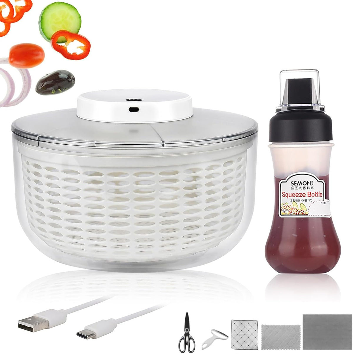TBRFP Pralka, 6 l, 28 x 28 x 20 cm, 20 W – Biały, USB, automatyczne wyłączanie, 350 ml butelka prasa i ruszt kuchenny – Suszarka do sałatki 6 l