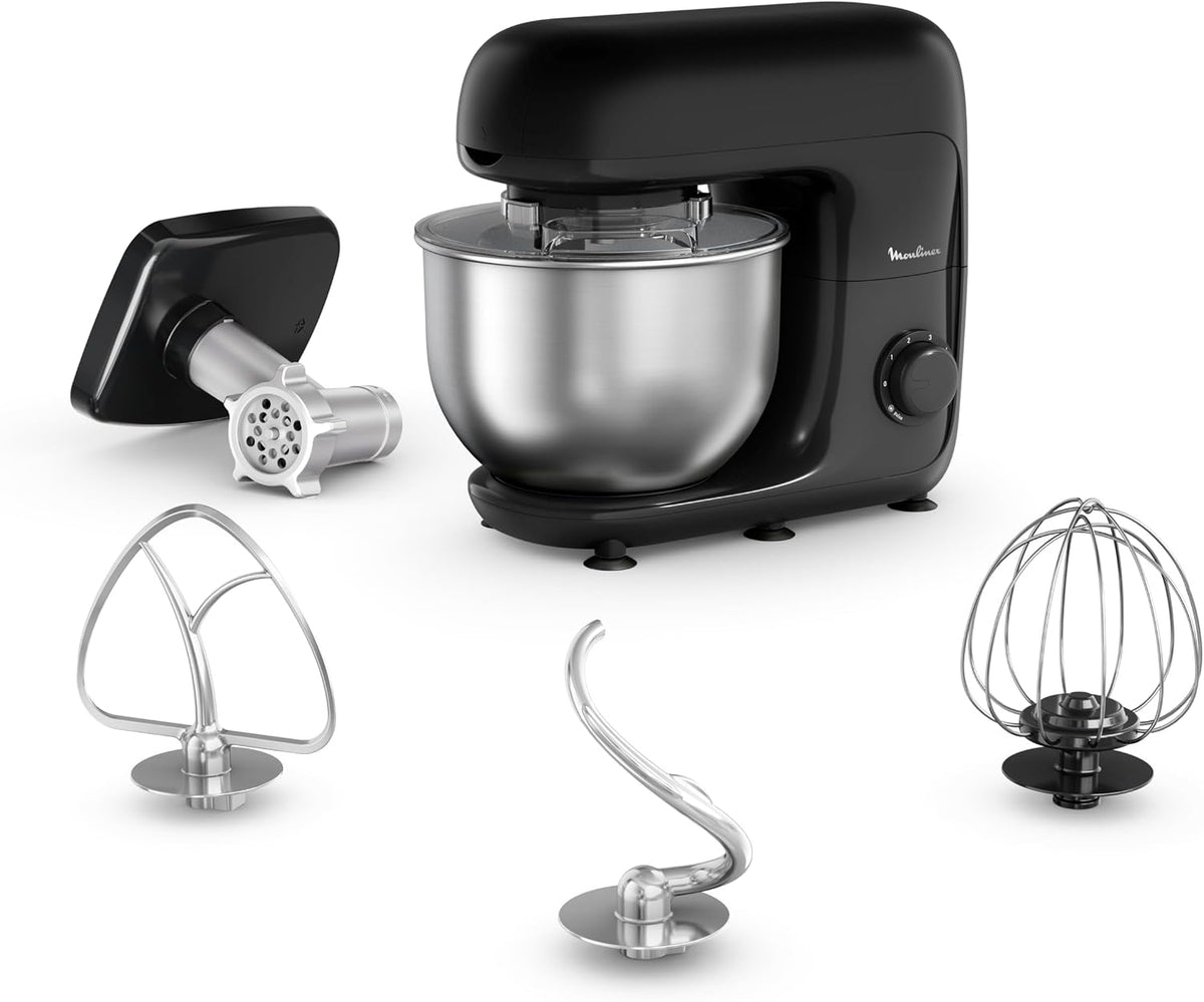 Maszynka do mielenia mięsa Moulinex, QA161810 – 800 W, 4.8 l, 1,8 kg, Czarny/Srebrny – metal, Bake essential Robot cukierniczy, miska 4.8 l