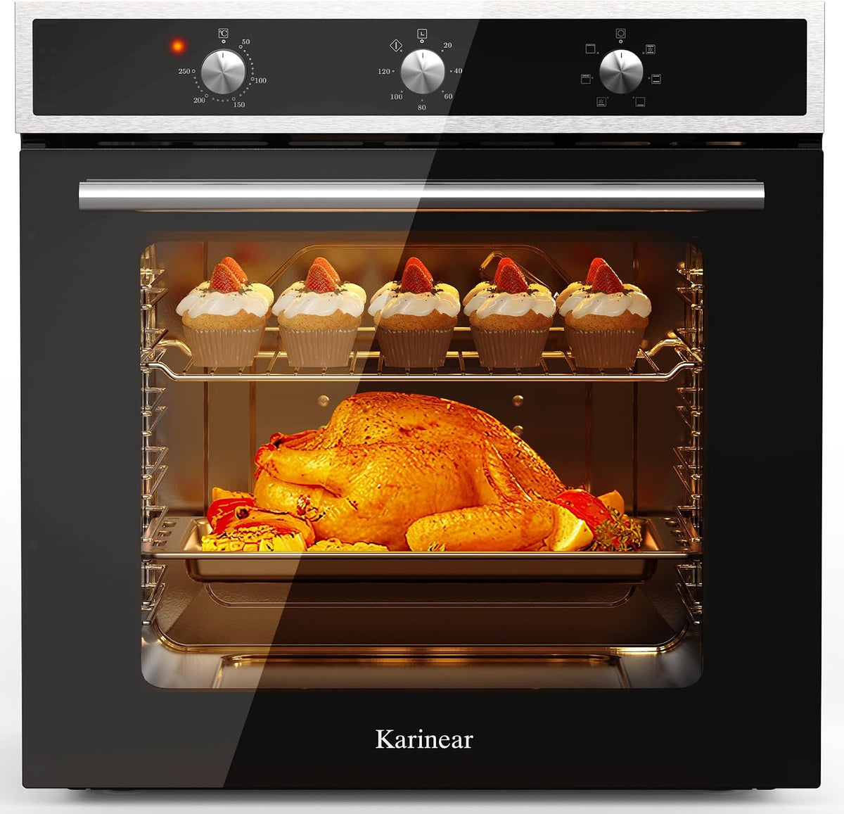 Piekarnik do zabudowy Karinear, 60 cm – 60 l, 2200 W, Czarny / Srebrny, funkcja grilla – Piec elektryczny, 6 programów, 50 do 250°C, wbudowany