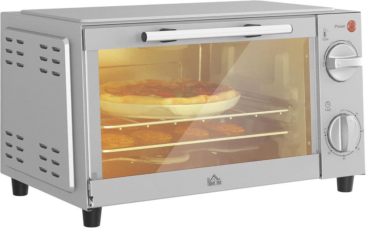 HOMCOM Grill, 9 l, 750 W, 25.3 x 19.8 x 16.4 cm – Srebrny, stal nierdzewna, mini piekarnik, Elektryczny piec do pizzy – 100 do 230°C, kompaktowy