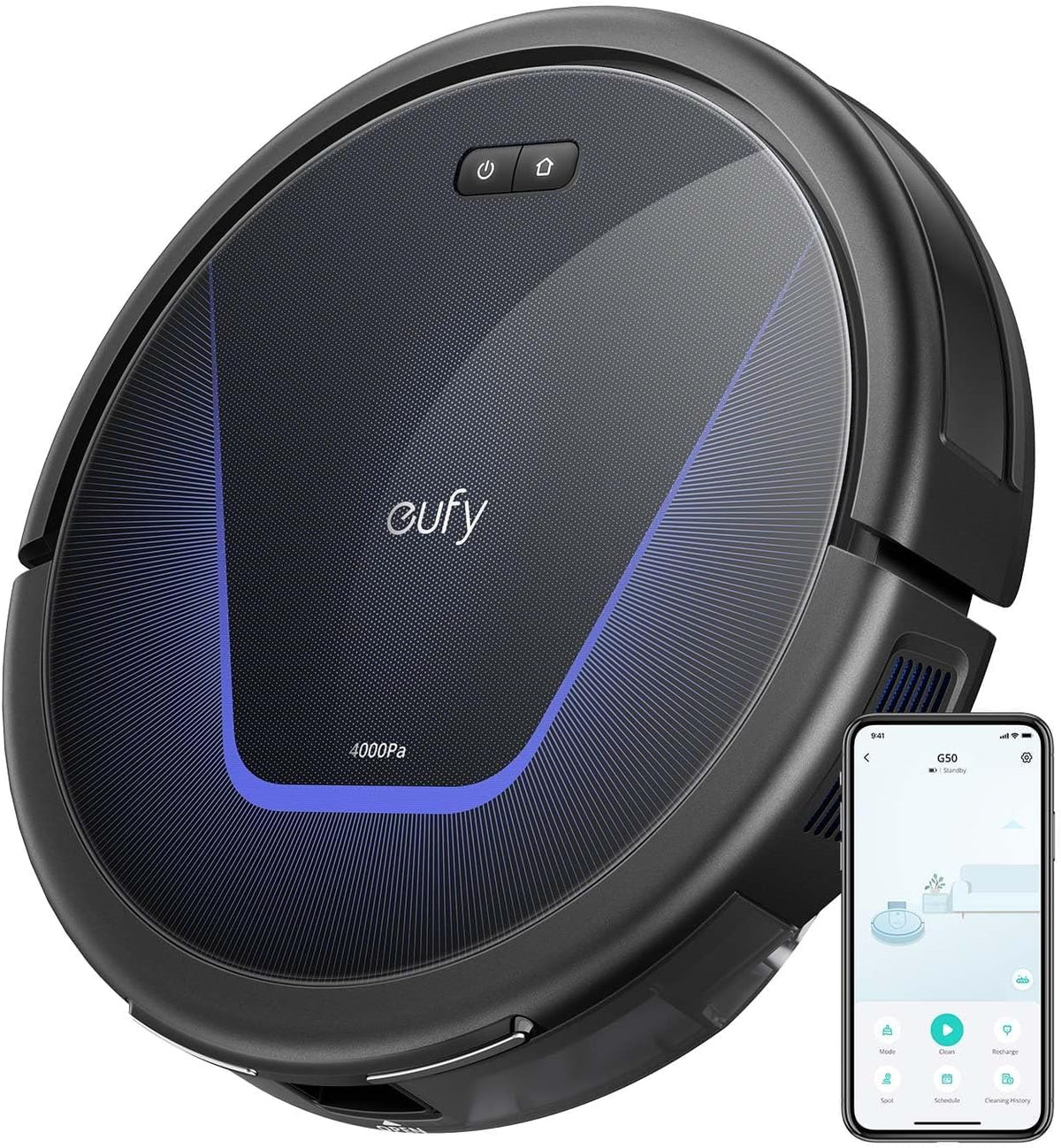 eufy Odkurzacz – G50, 600 ml, 55 dB, 81 mm – Czarny, Bluetooth, pilot zdalnego sterowania, G50 Automatyczny z silnym ssaniem 4000 Pa